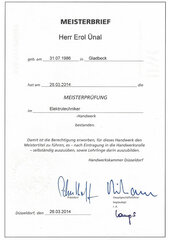 Erol Ünal, Erfolgreich bestandene Meisterprüfung