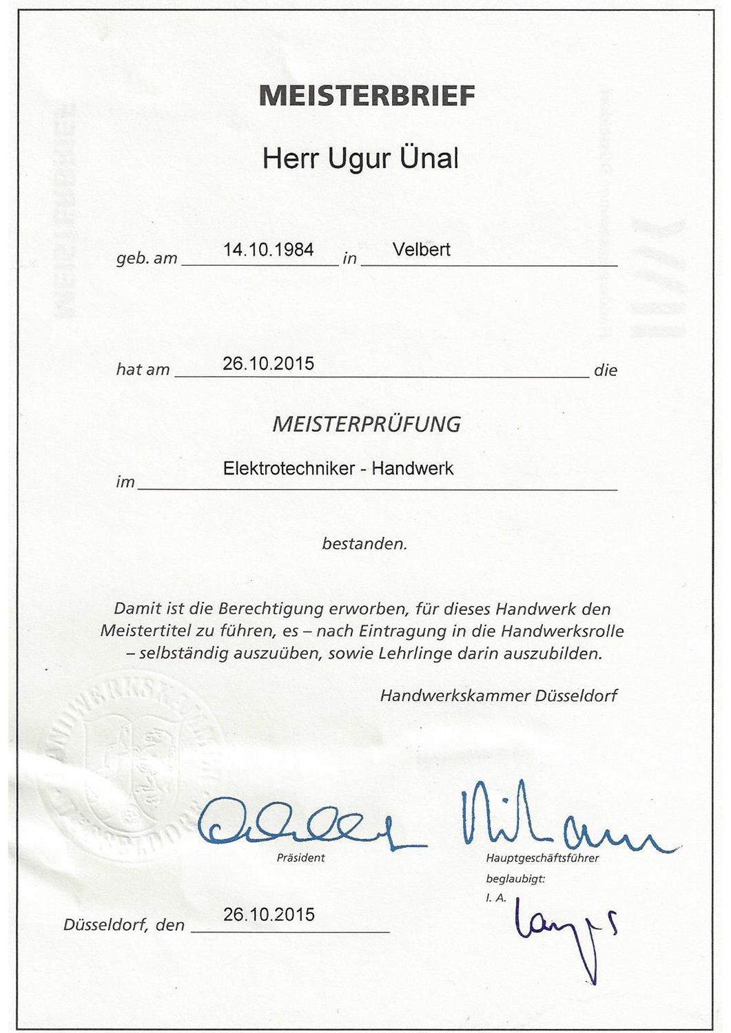 Ugur Ünal, Erfolgreich bestandene Meisterprüfung Ugur Ünal, Erfolgreich bestandene Meisterprüfung